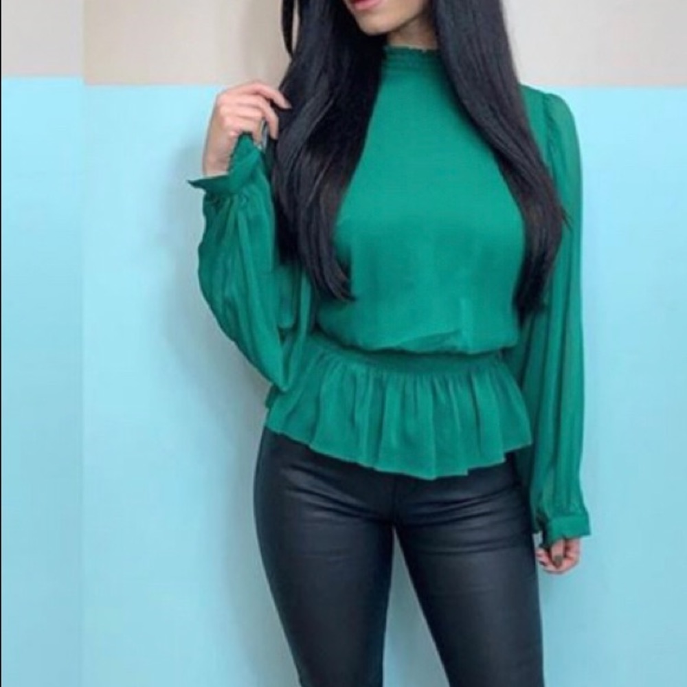 Green Peplum top, sheer puffy sleeve